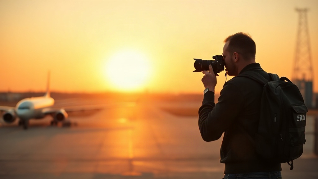 Golden hour aviation photography scene near a runway